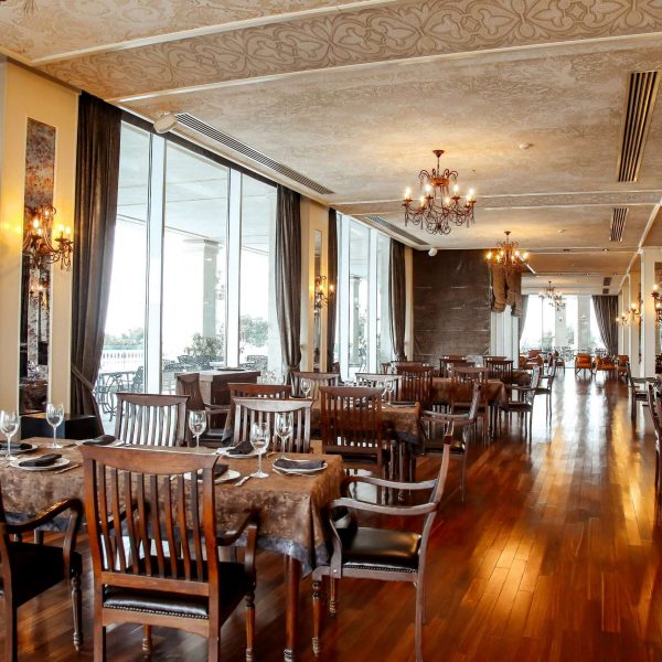 dining table with chairs and tableware