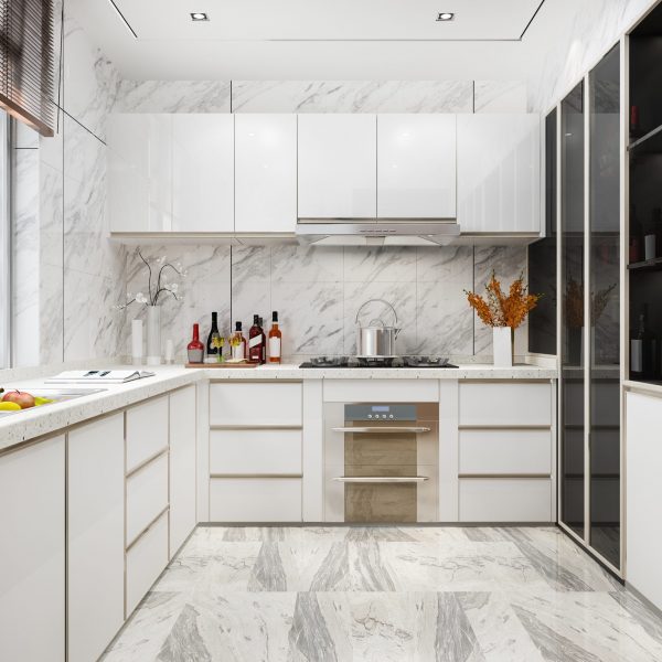 3d rendering white minimal kitchen with wood decoration