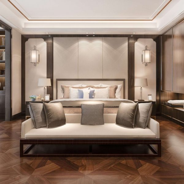 3d rendering beautiful comtemporary luxury bedroom suite in hotel with tv