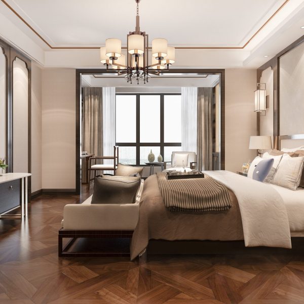 3d rendering beautiful comtemporary luxury bedroom suite in hotel with tv