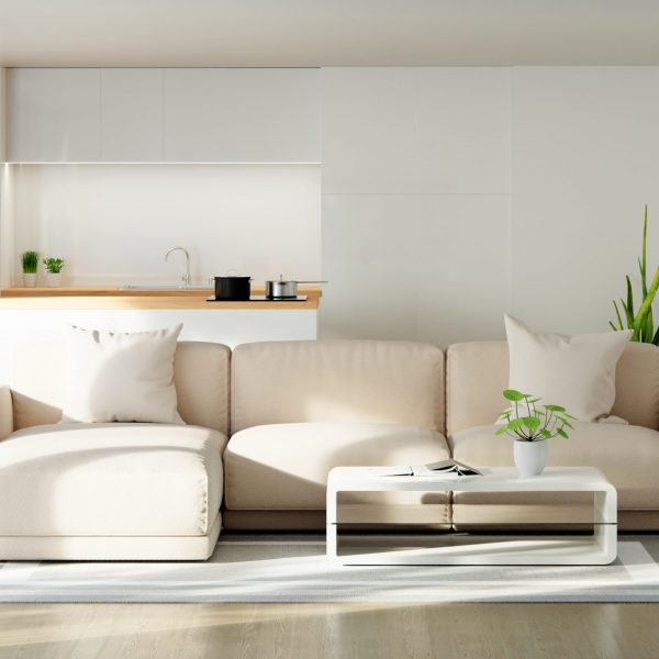 Brown sofa in white living room interior with copy space, 3D rendering