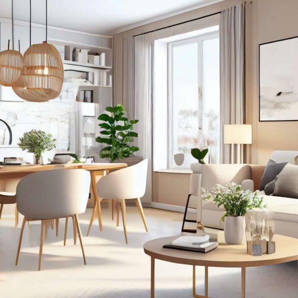 Stylish scandinavian living room with design mint sofa, furnitures, mock up poster map, plants and elegant personal accessories. Modern home decor. Bright and sunny room. Generative AI illustration